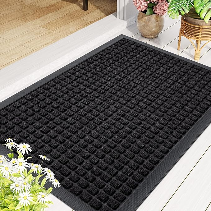 Smiry Front Door Mat Outside Entrance, Heavy Duty Natural Rubber Doormat, Non Slip, Trap Dirt and Moisture, Easy Clean, Low Profile Welcome Floor Mats for Indoor Outdoor Entry, 29.5x17 Inch, Black