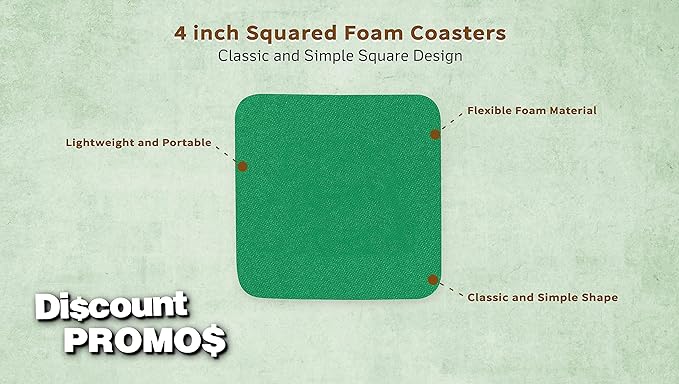 10 Squared Foam Coasters Pack, 4 inch - PU Foam, Foldable - Kelly Green