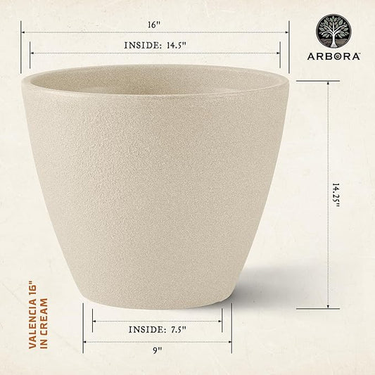 ARBORA 16" Valencia Polyresin Indoor and Outdoor Planter with Classic Cream Finish - Durable, Weatherproof, Lightweight, Large Plant Pot for Patio, Garden, Deck, Entryway
