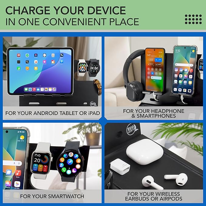 Nightstand Organizer with Drawer- Wood Phone Docking Station- Desk Organizer for Two Phones or Tablet, Watches, Headphone & Accessories- Unique Gifts for Men, Dad or Son (Black)