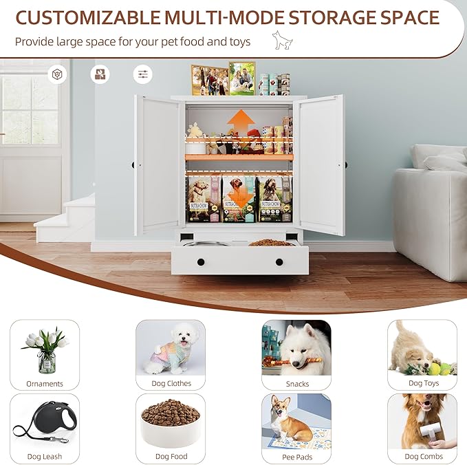 Dog Feeding Station with Storage, Metal Dog Food Storage Cabinet with 2 Elevated Bowls and 3 Hooks, Pet Feeding Station and Dogs Food Storage Organizer, White