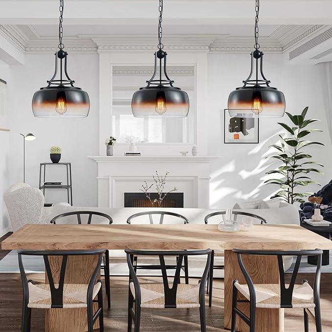 WUZUPS Chandelier Rustic Farmhouse Industrial Round Ceiling Pendant LED Light Fixture with Amber Gradient Black Glass Shades for Dining Room Kitchen Island Foyer Entryway, H 17" x W 13.4", E26 Base