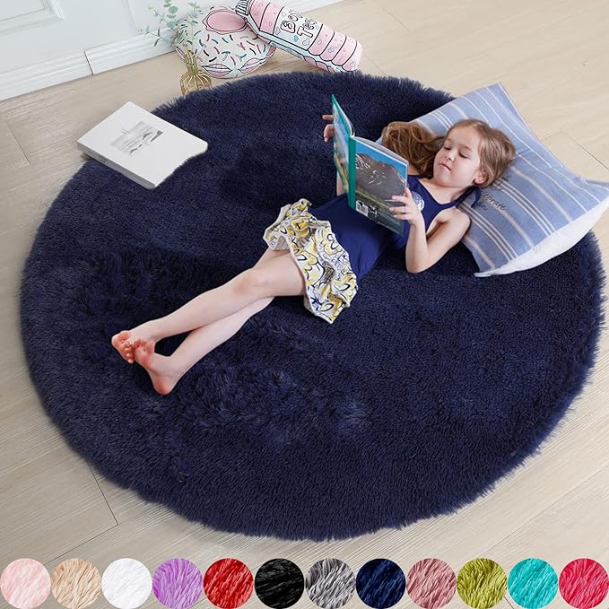 Dark Navy Round Rug 6Ft for Living Room Boys Bedroom, Fluffy Furry Fuzzy Plush Circle Area Rugs for Kids Room Decor Aesthetic, Indigo Shag Cool Dark Blue Carpet for Classroom Teen Dorm Baby Nursery