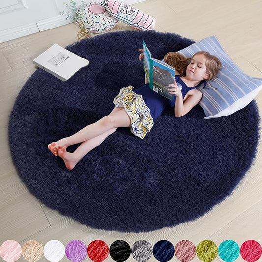 Dark Navy Round Rugs 5Ft for Teen Boys Bedroom, Washable Fluffy Shag Fuzzy Plush Circle Area Rug for Kids Room, Living Room Decor Aesthetic, Indigo Furry Cool Dark Blue Carpet for Dorm Baby Nursery