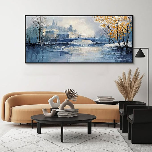 yiijeah Large Picture for Living Room - 70x31 Frames for Home Decorations Abstract Canvas Wall Art Blue and White Extra Large Artwork for Bedroom Office Decoration