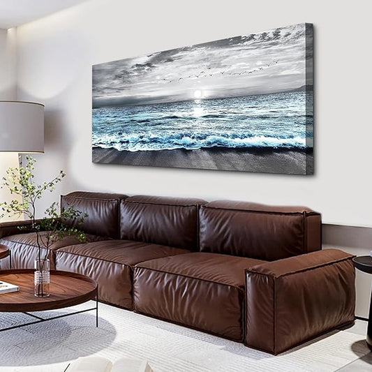 Lapremoly Black And White Beach Wall Painting - Canvas Wall Art For Living Room & Bedroom - Large Decor - Blue Ocean Sea Wave Landscape Pictures Artwork Posters Home Decor