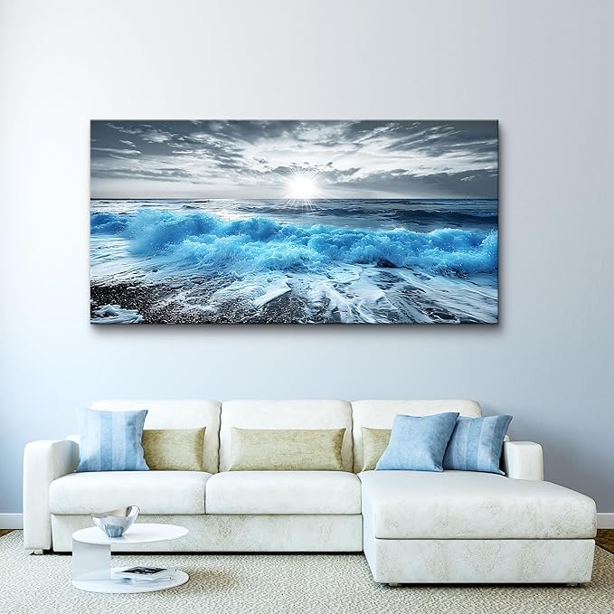 Lapremoly Framed Wall Art For Living Room Large Canvas Wall Decor For Office Blue Beach Painting Ocean Sea Waves Wall Pictures Bedroom Home Decorations Prints Posters Mural Artwork Ready to hang