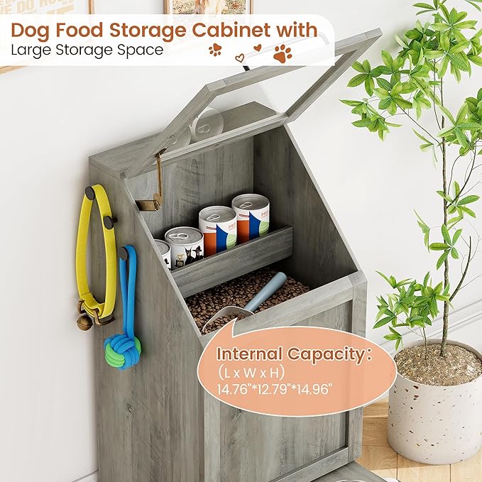 Dog Feeding Station with Storage - Large Capacity Dog Food Storage Cabinet with 2 Removable Stainless Steel Bowls, Flip Top Pet Food Container Toy Storage Organizer - Grey