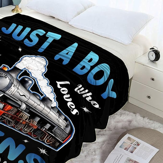 Boy Who Loves Trains Blanket Custom Train Blankets for Boys Men Flannel Cozy Quilt Gift for Train Lovers for Beding Sofa Couch-80x60 Inches