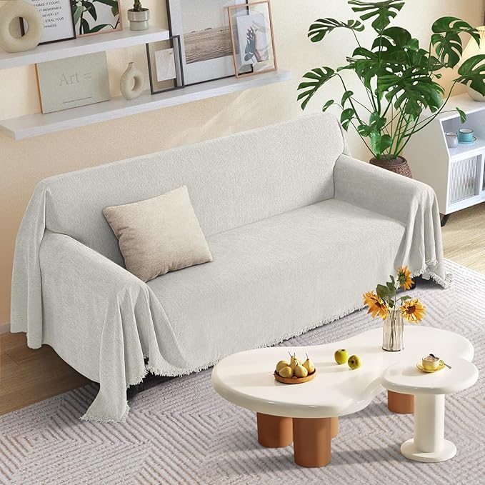 KinCam Couch Covers for 3-4 Cushion Couch Sofa Cover Washable Sectional Couch Cover for Dogs Tassel Sofa Blanket Cover Pet Friendly Soft and Durable for Most Furniture(71" x 150", Cream)