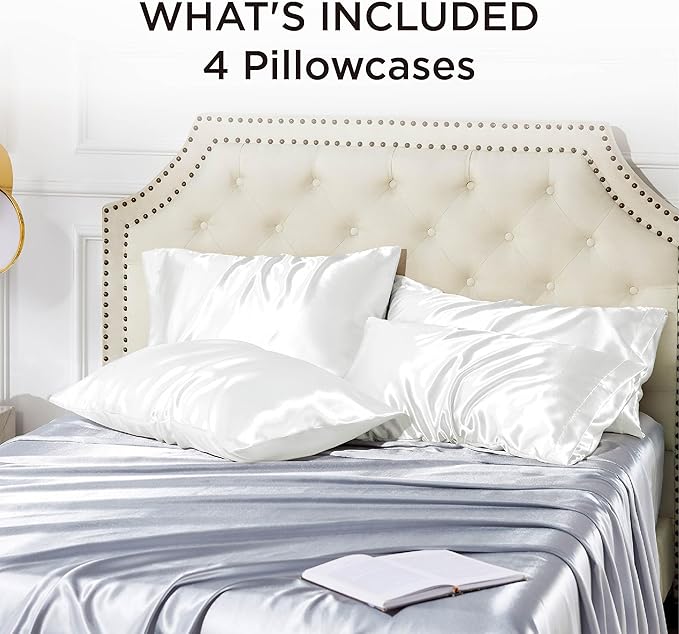 Bedsure Satin Pillowcase Standard Set of 4 - Pure White Silky Pillow Cases for Hair and Skin 20x26 Inches, Pillow Covers with Envelope Closure, Gifts for Women Men