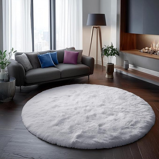 White Round Rug 6Ft for Bedroom, Washable Circle Area Rugs for Living Room, Large Soft Fluffy Shaggy Carpet for Teen Girls Boys, Kids Home Decor Aesthetic, Plush Throw Rugs for Dorm Nursery Playroom