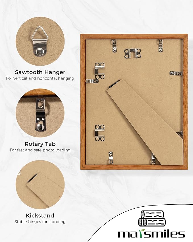 Marsmiles 8.5x11 Wooden Picture Frame, USA-Sourced Natural Oak Solid Wood Photo Frame with Plexiglass for Display Pictures 6x8 with Mat or 8.5x11 without Mat, Teak, 3 Pack