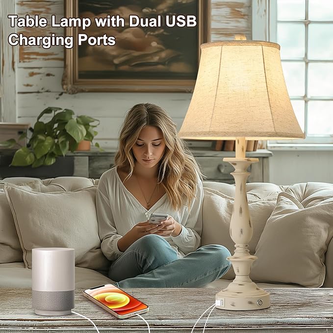 AIDENOEY 28.5" Traditional Table Lamp Set of 2, Rustic Farmhouse Table Lamps for Living Room Bedroom, Bedside Desk Lamps Vintage Nightstand Lamps with Silk Fabric Shades, Distressed White