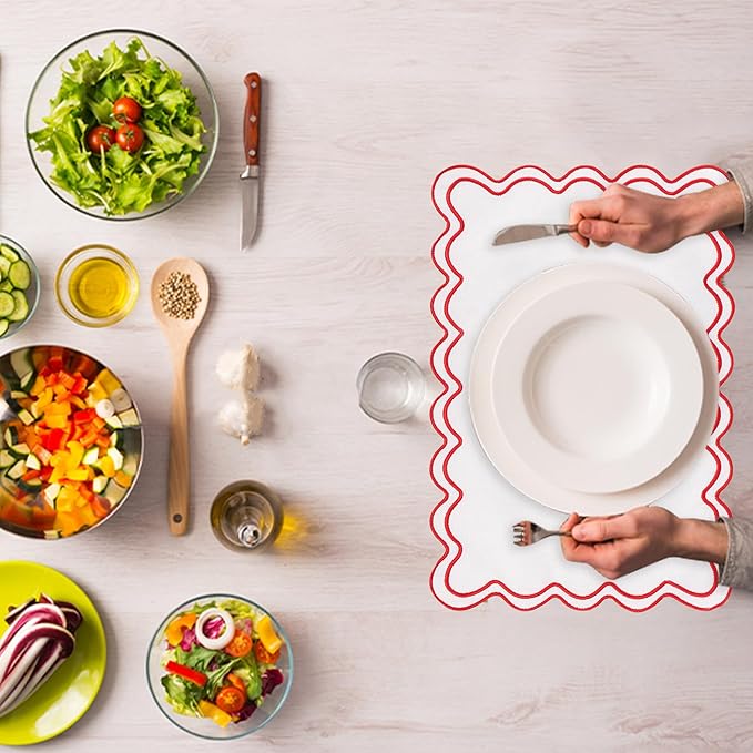 Set of 6 Cotton Linen Placemats, 13''x 19'' Wavy Embroidery Scalloped Placemats Washable Rustic Dinner Waterproof Table Mats (red)