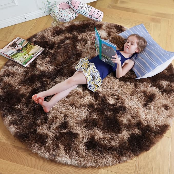 Amdrebio Tie-Dyed Brown Round Circle Rugs 4Ft for Bedroom, Fluffy Shag Plush Area Rugs for Kids Room, Living Room Decor Aesthetic, Fuzzy Fur Throw Floor Carpet for Playroom Preppy Dorm Baby Nursery