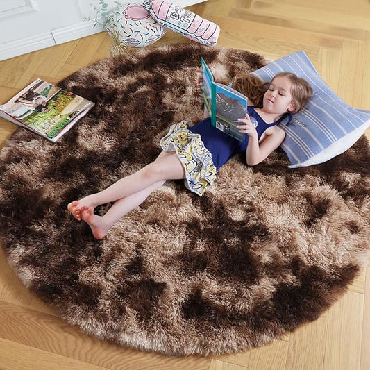 Amdrebio Tie-Dyed Brown Round Circle Rugs 5Ft for Bedroom, Fluffy Shag Plush Area Rugs for Kids Room, Living Room Decor Aesthetic, Fuzzy Fur Throw Floor Carpet for Playroom Preppy Dorm Baby Nursery
