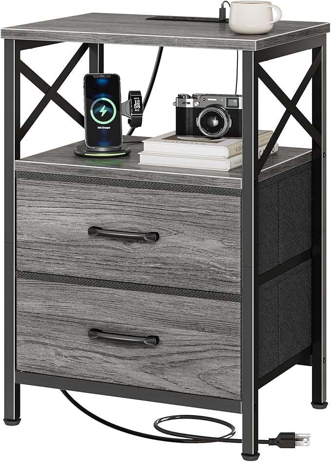 Huuger Night Stand with Charger Station, 2 Drawer Nightstand with Open Shelf, Bed Side Table with USB-C Port, End Table, Compact Size for Small Spaces, X Shaped Side Rail, Grey