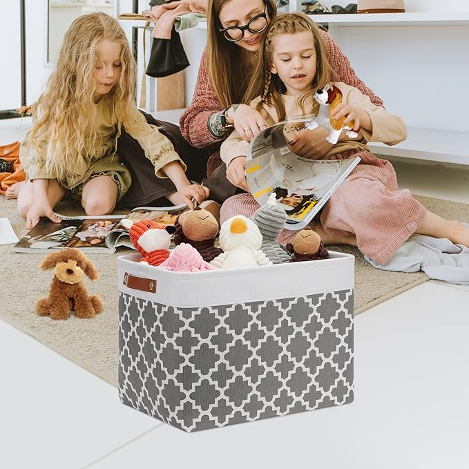 DULLEMELO Foldable Nursery Storage Baskets Canvas Storage Bins for Organizing 2 Pack Collapsible Home Organizer With Leather Handles (White&Lattice Grey)