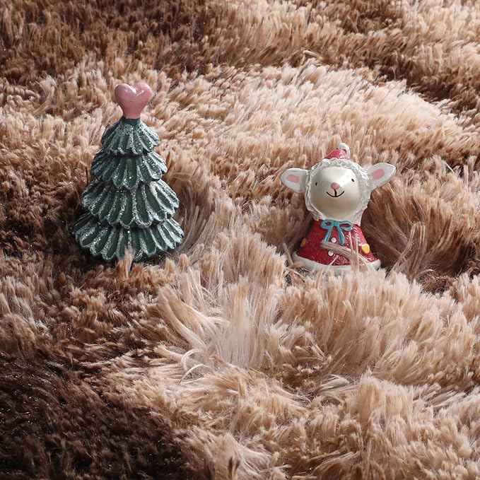 Amdrebio Tie-Dyed Brown Round Circle Rugs 4Ft for Bedroom, Fluffy Shag Plush Area Rugs for Kids Room, Living Room Decor Aesthetic, Fuzzy Fur Throw Floor Carpet for Playroom Preppy Dorm Baby Nursery