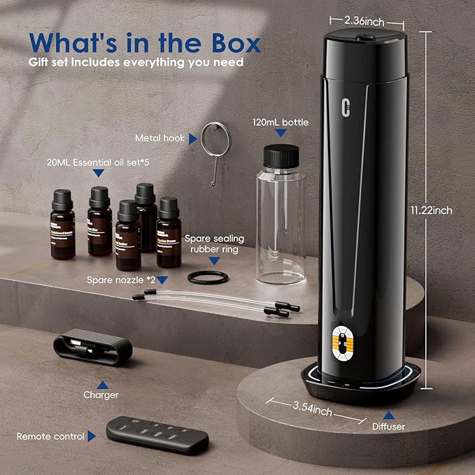 Waterless Scent Diffuser – 1200 Sq Ft Coverage, Essential Oil Diffuser with Remote Control, Quiet Aromatherapy Diffuser with LED Light & Timer, Scent Air Machine for Home, Office, Hotel