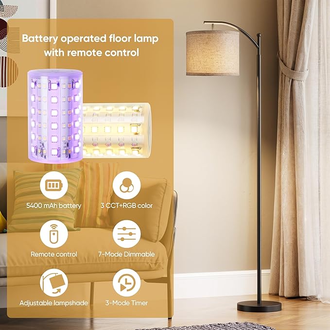 Battery Operated Floor Lamp, RGB Dimmable Cordless Standing Lamp with Remote Control for Living Room, Tall Floor Lamp for Bedroom