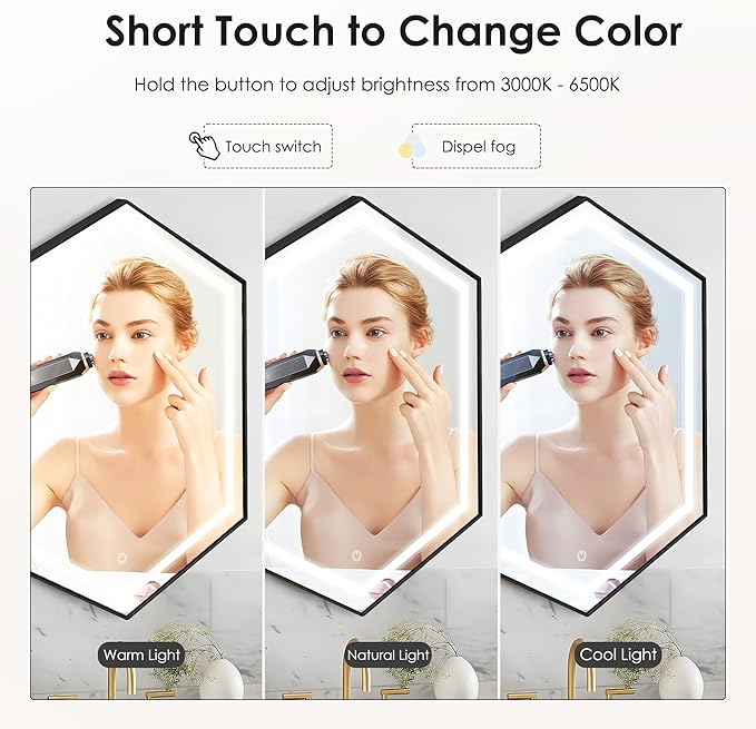 SogesHome Mirror Medicine Cabinet with 3-Color LED Lights, Hexagon Vanity Mirror Storage with 3-Tier Cabinet, Stainless Steel Frame and 2 Shelves for Bathroom, Bedroom, Entryway, Black