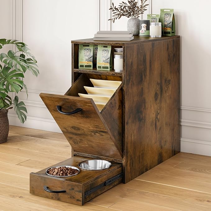 YITAHOME Dog Feeding Station with Storage, Dog Food Cabinet with 2 Feeder Bowls, Pull Out Elevated Dog Bowl, Brown