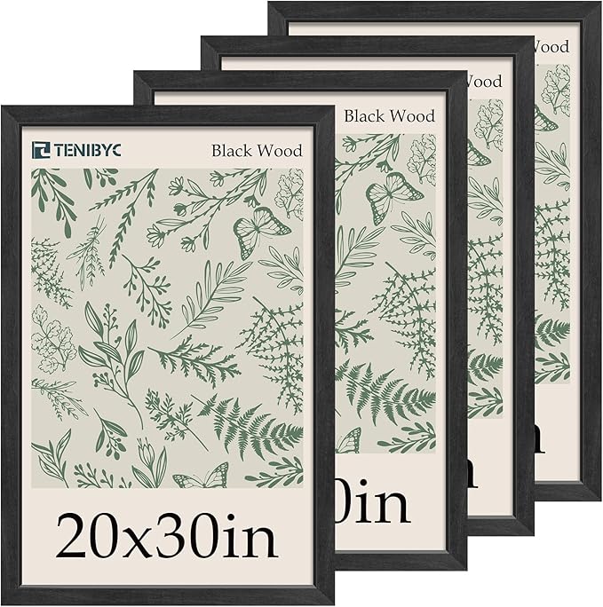 20x30 Poster Frame Set of 4, Textured Black Wood Picture Frame, Horizontal or Vertical Wall Hanging, Dissplay Photo, Poster, Map and Puzzle