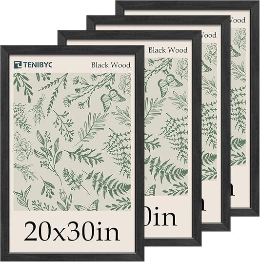 20x30 Poster Frame Set of 4, Textured Black Wood Picture Frame, Horizontal or Vertical Wall Hanging, Dissplay Photo, Poster, Map and Puzzle