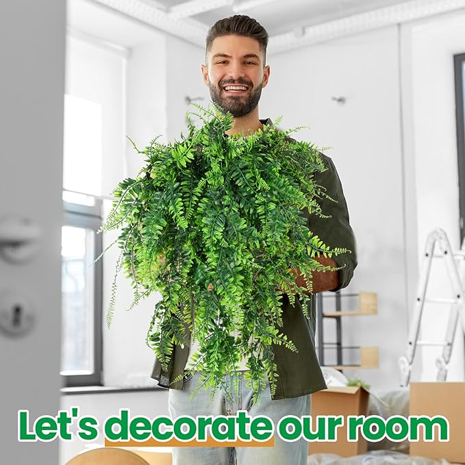 Geosar 12 Pcs Artificial Hanging Plants 32 Inch Hanging Boston Ferns Plastic Fake Plants for Wall Room Garden Wedding Garland Indoor Outdoor Decoration, No Basket