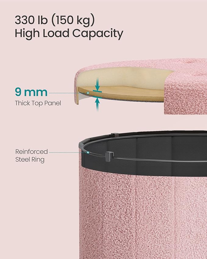 SONGMICS Mazie Collection - Round Storage Ottoman, Folding Footrest Stool with Removable Lid, Easy Assembly, Teddy Fleece Vanity Stool for Bedroom, Living Room, Entryway, Jelly Pink ULSF606R01