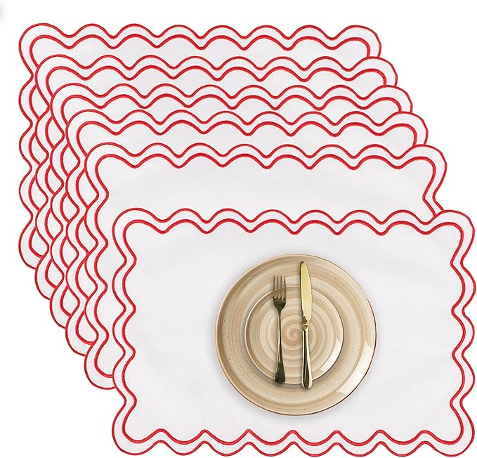Set of 6 Cotton Linen Placemats, 13''x 19'' Wavy Embroidery Scalloped Placemats Washable Rustic Dinner Waterproof Table Mats (red)