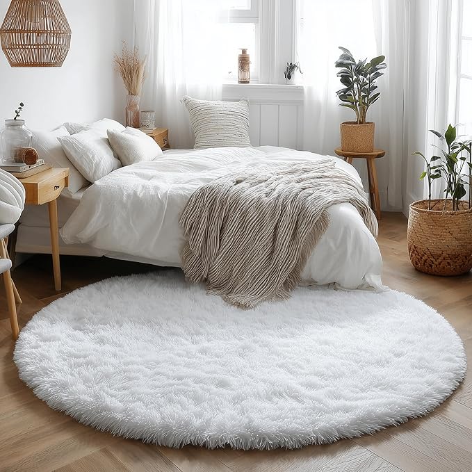Amdrebio White Fluffy Round Rug 4Ft for Bedroom Aesthetic, Washable Fuzzy Fur Circle Area Rugs for Living Room, Plush Soft Shaggy Carpet for Nursery Dorm, Cute Kids Room Decor for Baby Teen Girls