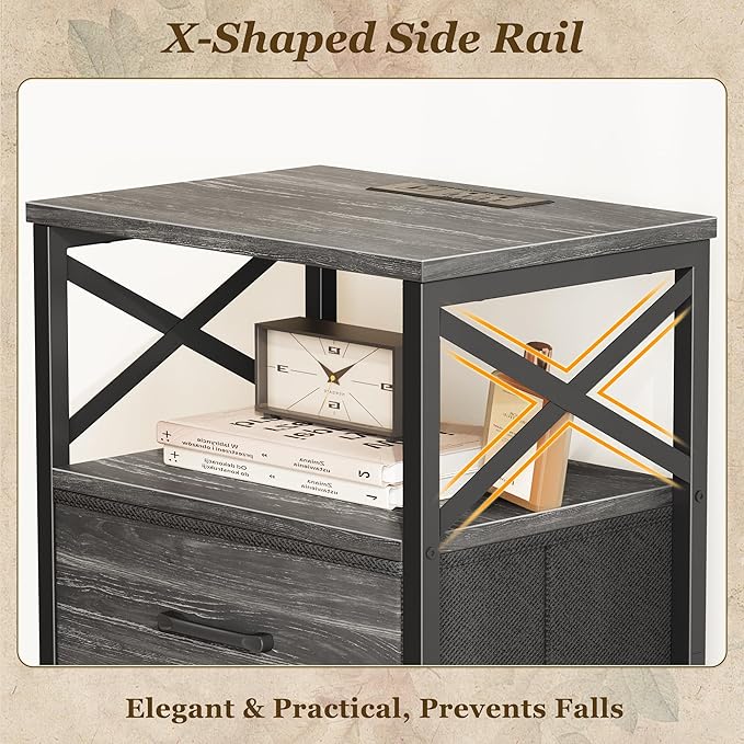 Huuger Nightstands Set of 2, Night Stand with Charger Station, 2 Drawer Side Table with Open Shelf, USB-C Port, End Table for Small Spaces, X Shaped Side Rail, Charcoal Black