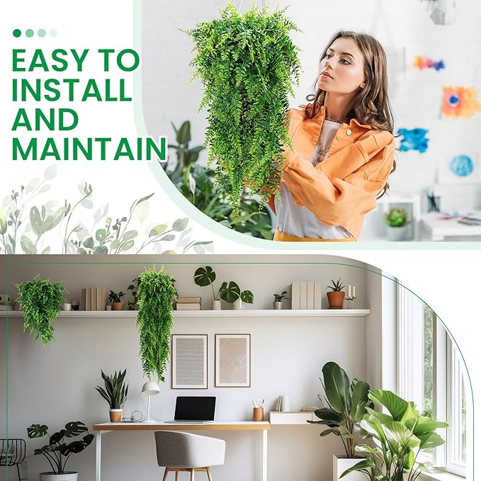 Geosar 88 Pcs Artificial Hanging Plants 32 Inch Hanging Boston Ferns Plastic Fake Plants for Wall Room Garden Wedding Garland Indoor Outdoor Decoration, No Basket