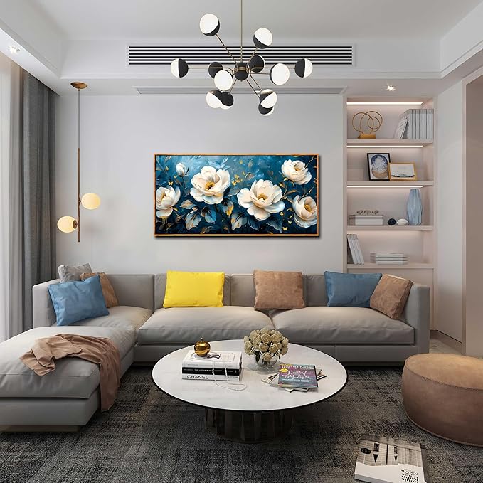 Flower Canvas Wall Art for Living Room - Blue and White Wall Decor for Bedroom - Large Picture Frames for Wall 29" x 59"