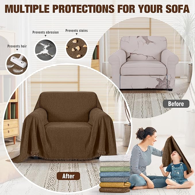 KinCam Couch Covers Washable Oversized Chair Cover Armchair Cover for Dogs Tassel Recliner Chair Sofa Cover Blanket Pet Friendly Soft and Durable for Most Furniture (71" x 71", Dark Coffee)