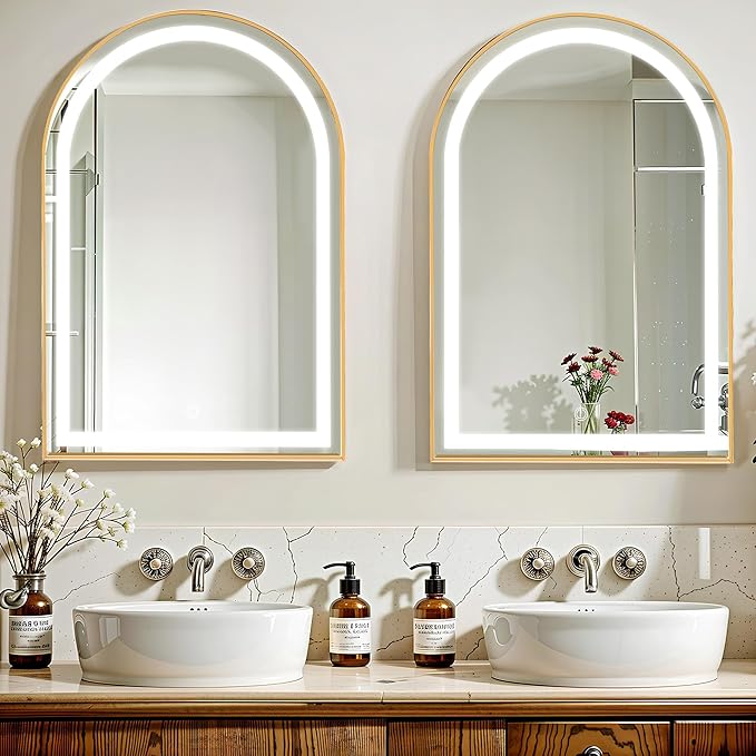 SogesHome Wall Mounted Mirror Medicine Cabinet 36"X24" with LED Lights, Arched Vanity Mirror Storage with Shelves, Modern Decro Recessed Mirror Medicine Cabinet for Bathroom, Bedroom, Gold