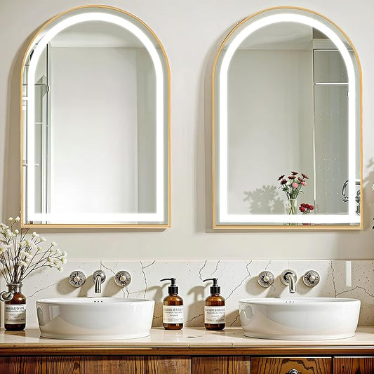 SogesHome Wall Mounted Mirror Medicine Cabinet 36"X24" with LED Lights, Arched Vanity Mirror Storage with Shelves, Modern Decro Recessed Mirror Medicine Cabinet for Bathroom, Bedroom, Gold