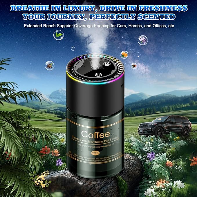 Smart Car Air Freshener Diffuser - 270-Day Long-Lasting Essential Oil (6.09oz/180ml), Auto On/Off Sensor, Ultrasonic Dual Modes, Multi-Mode Adjustable, Natural French Fragrance Oils, Coffee ﻿