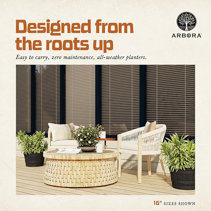 ARBORA 19" Whiskey Barrel Polyresin Indoor and Outdoor Planter with Textured Wood Finish - Durable, Weatherproof, Lightweight, Large Plant Pot for Patio, Garden, Deck, Entryway