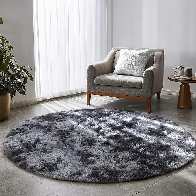 Amdrebio Tie-Dyed Dark Grey Round Area Rugs for Living Room, 6x6 Rug, Soft Thick Large Circle Rug for Bedroom, Big Shag Fluffy Fuzzy Carpet for Mens Boys Kids Room, Modern Cool Floor Circular Rug