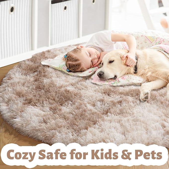 Amdrebio Tie-Dyed Beige Tan Round Area Rug 4Ft for Bedroom, Fluffy Plush Shag Furry Circle Rugs for Kids Room, Living Room Decor Aesthetic, Cute Fuzzy Neutral Carpet for Baby Nursery Playroom Dorm