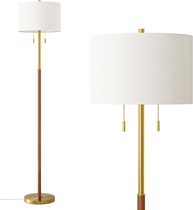 61" Wood Floor Lamp 2-Light for Living Room Standing Tall Lamps Mid Century Modern Floor Lamps for Bedroom Office Nursery Corner Industrial Reading Room Lamp, 3 Color Temperatures 9W Bulbs Included