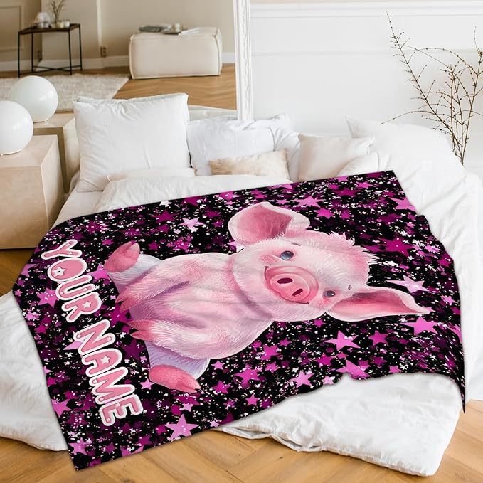 Pig Blanket for Gift, Custom Girls Blankets, Pink Cozy Soft 50 x 40 Inches Flannel Throws for Bed Travel Sofa Living Room