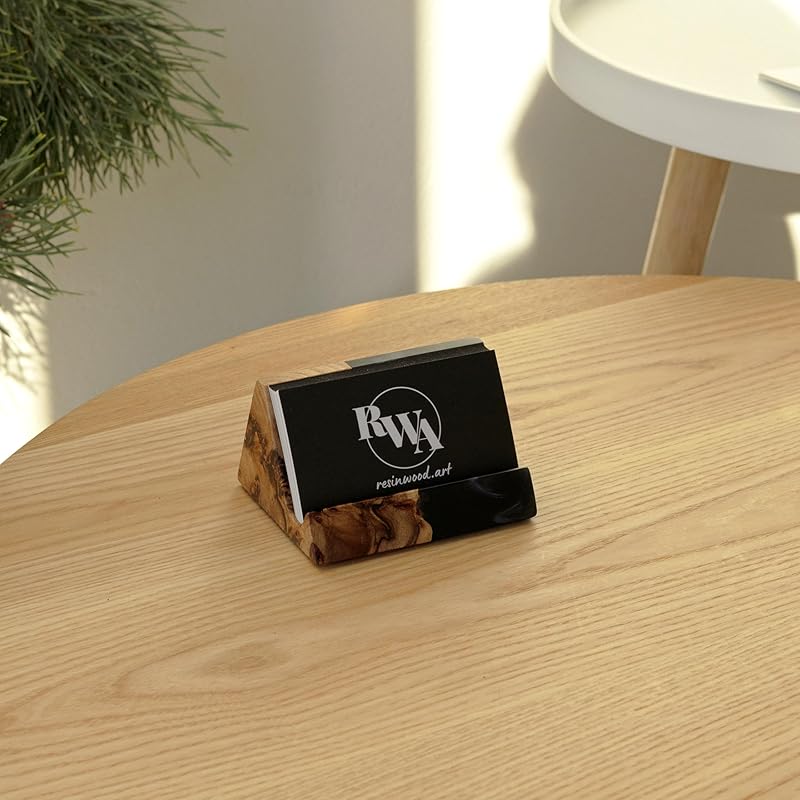 RWA Unique Business Card Holder for Men & Women - Stylish Durable Business Card Display Stand - Premium Desktop Business Card Holders Epoxy Wood Desk Organizer - Office Desk Accessories, BASIC, black