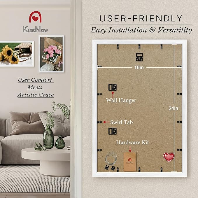 16x24 Poster Frame 2 Pack, Textured White Solid Wood Picture Frame, Wall Hanging