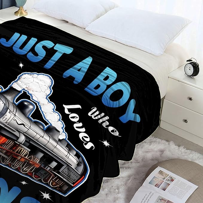 Boy Who Loves Trains Blanket Soft Blankets and Throws Flannel Cozy Lightweight Quilt Gift for Train Lovers for Bed Sofa Couch-60x50 Inches