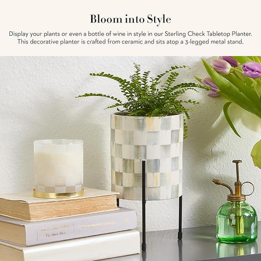 MACKENZIE-CHILDS Tabletop Ceramic Planter with Stand, Decorative Pot for Indoor Plants, Gray-and-White Sterling Check